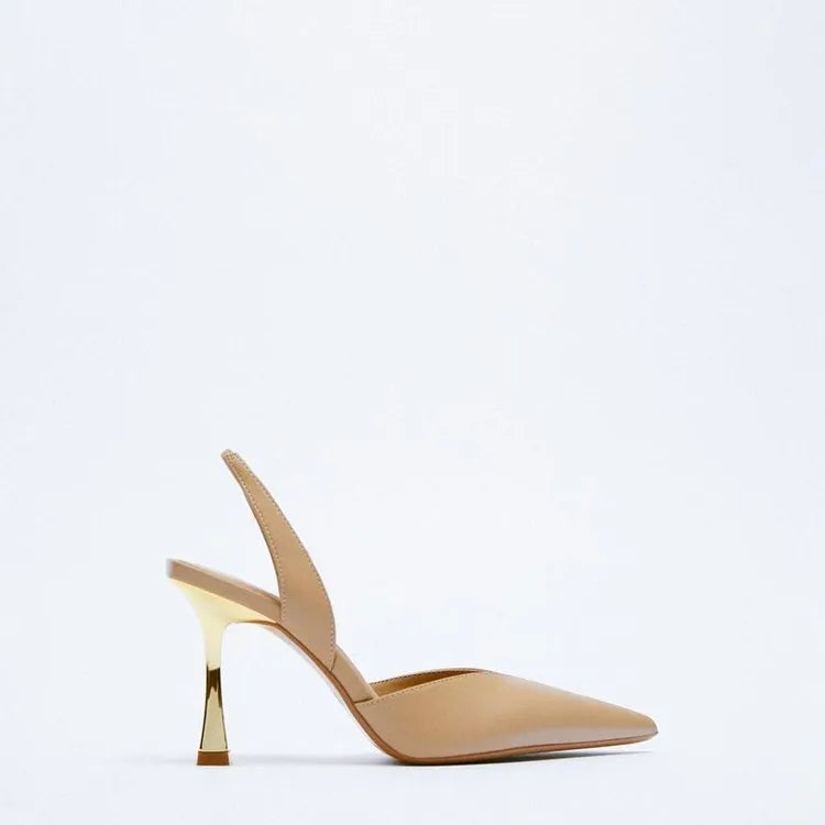 Women's patent leather pointed high heels in apricot nude and black with shallow-cut vamp