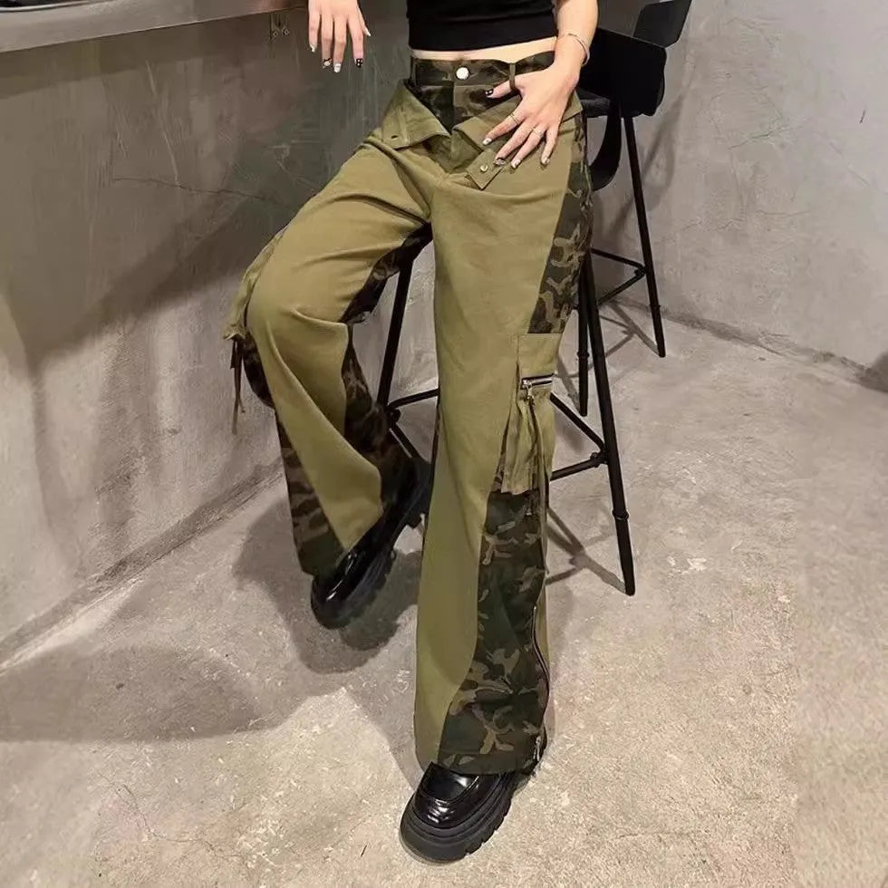 Women's dark khaki high waist jeans with a leopard print pattern and fake two-stitching tooling detail.