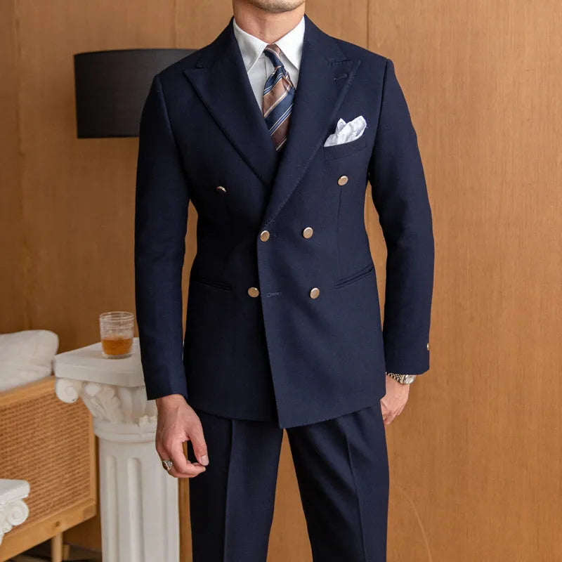 Men's slim double breasted suit set in off-white with two-button front and long sleeves, shown on hanger