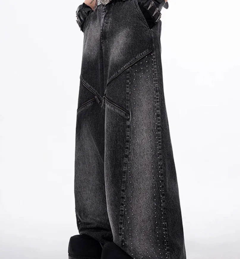 Korean style washed denim wide leg pants with matching waistcoat in black and grey
