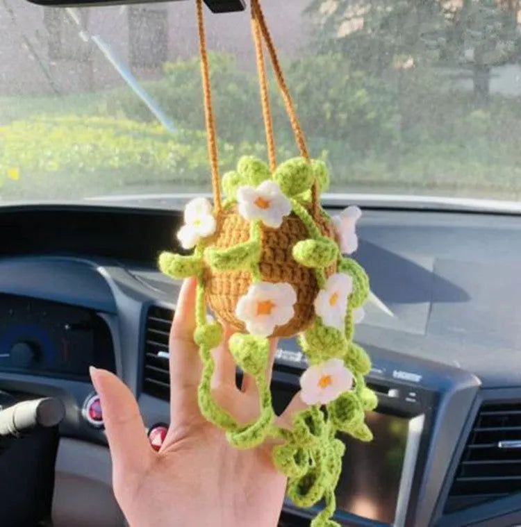 Knitted wool car plant decoration with green and white pattern, 8cm basin and hanging cord