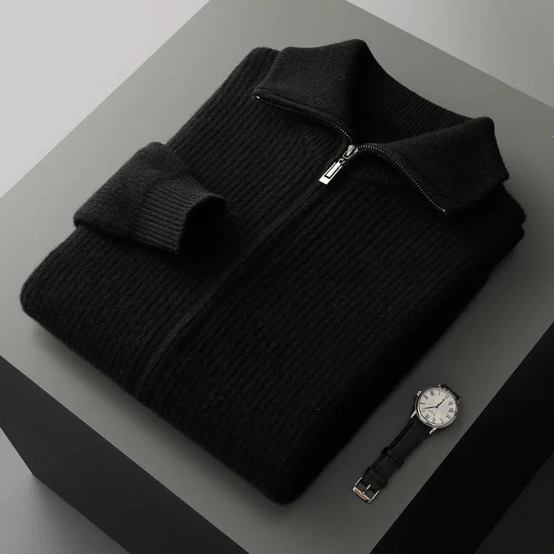 Pure wool zipper cardigan for men in dark gray, long sleeves, lapel collar, front zipper