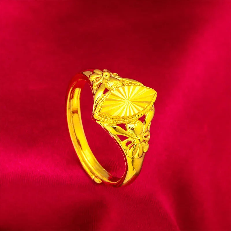 Gold geometric brass ring with open diamond flower pattern and textured surface for women's 20-24cm fingers