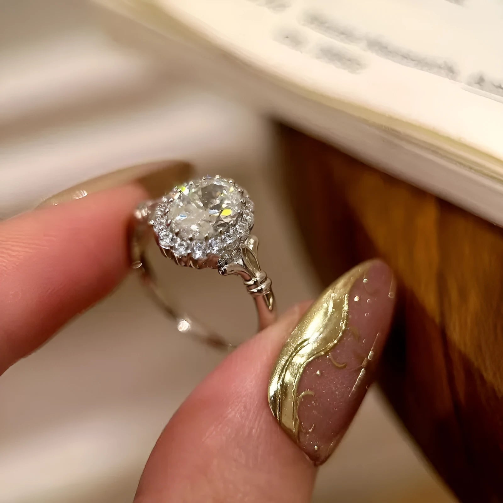 Adjustable silver geometric ellipse bridal bouquet ring with diamond surface treatment