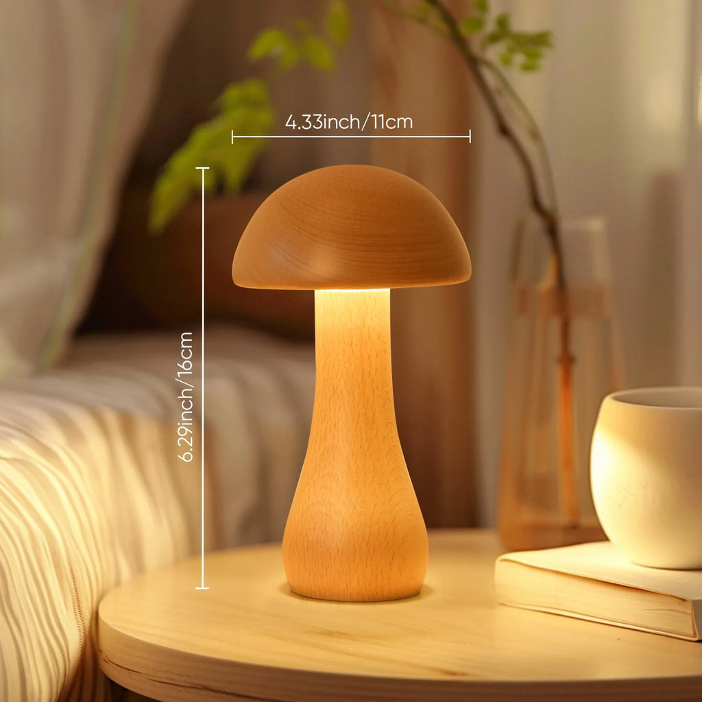 Solid wood mushroom LED table lamp in natural beech with USB power and 5 brightness settings