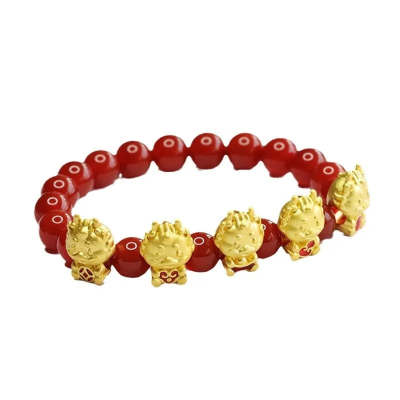 Natural red agate bracelet with carved five blessing dragon motif, 8mm bead size