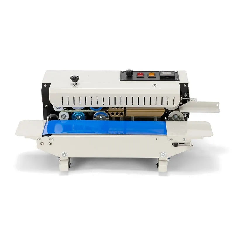 Small steel-frame manual sealing machine for pouches with integrated date printer.