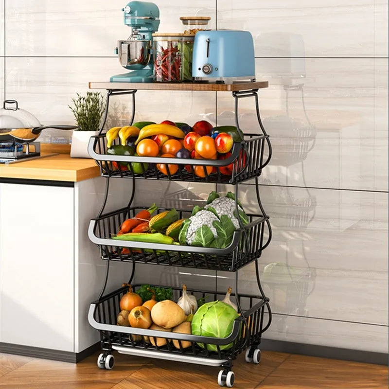 Black freestanding kitchen storage trolley with six open wire shelves.