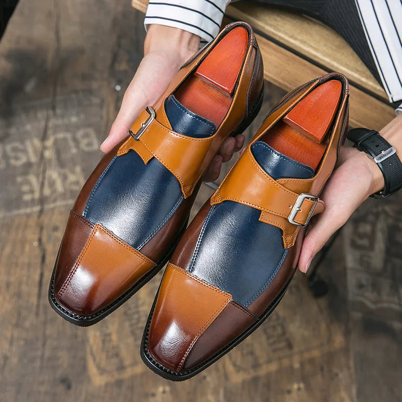 Men's British retro style leather shoes in black and brown-blue colours with tall crown design