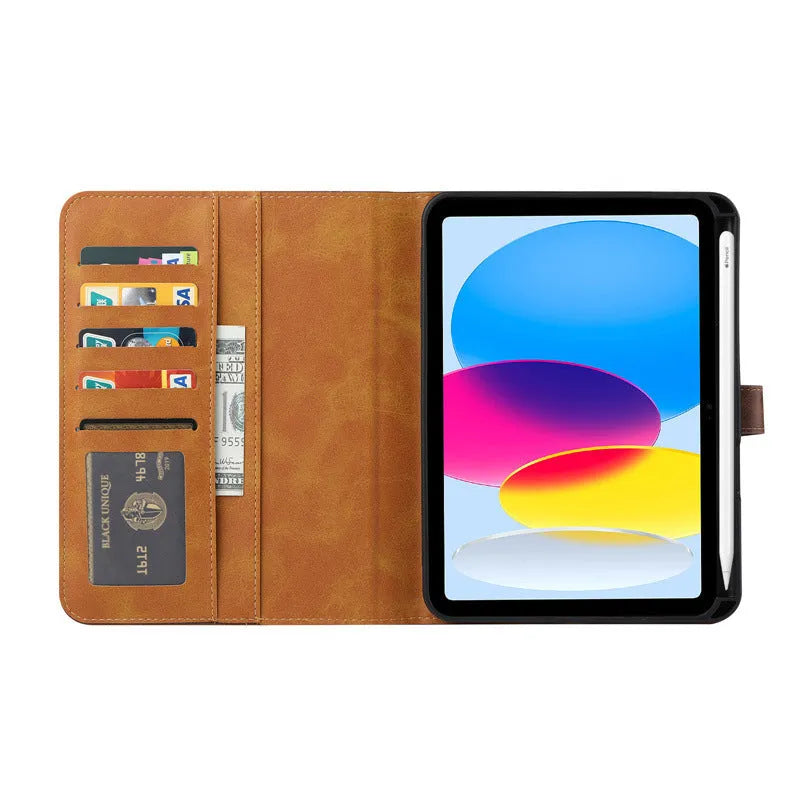 Classic black imitation leather flip cover for an Apple iPad, shown in a business style.