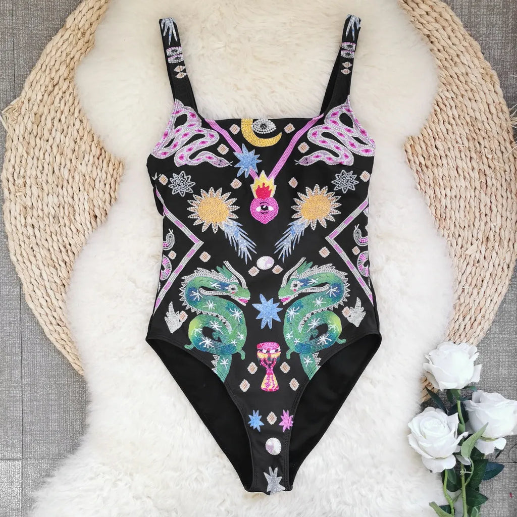 Backless print one-piece swimsuit for women with dragon snake flowers pattern on black background