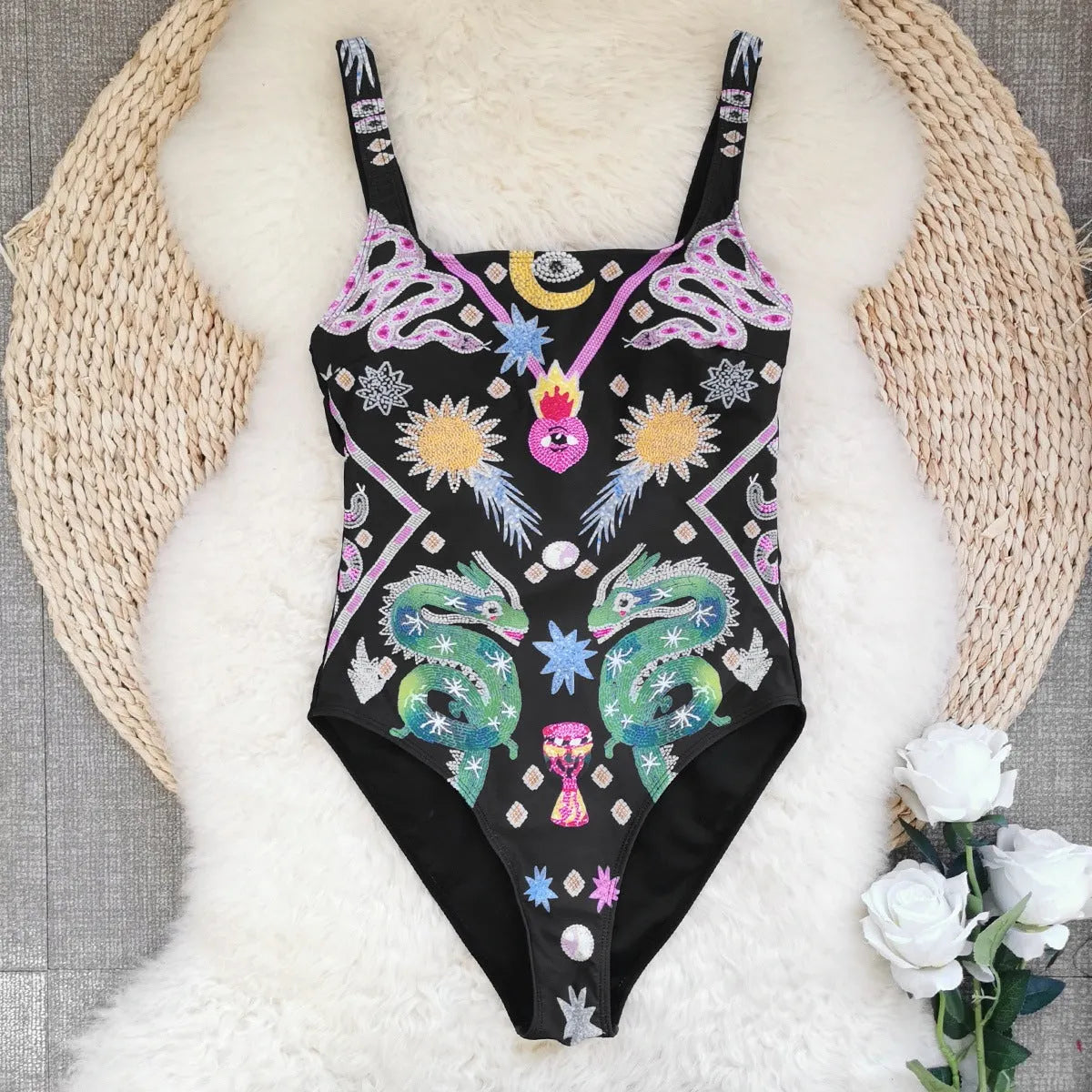 Backless print one-piece swimsuit for women with dragon snake flowers pattern on black background
