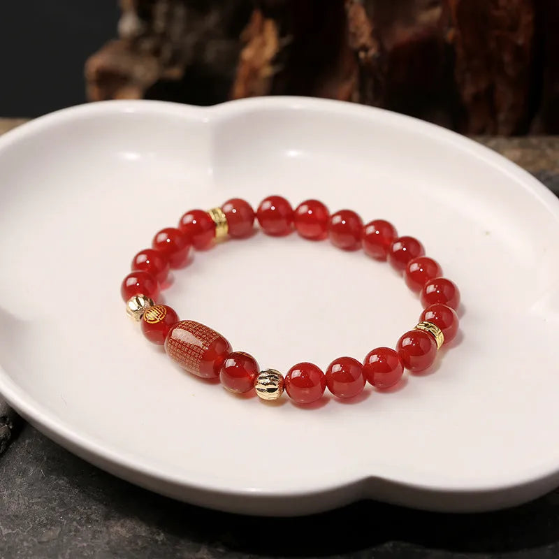 New Chinese Style unisex agate bracelet with Guanyin bead and auspicious patterns in green or red.