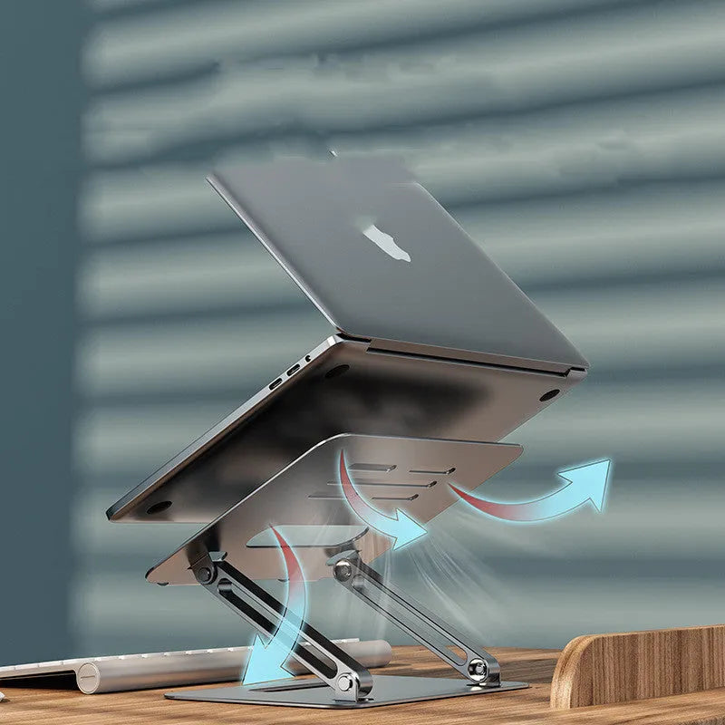 Gray silver aluminum alloy double-layer desktop computer stand with heat sink on a desk
