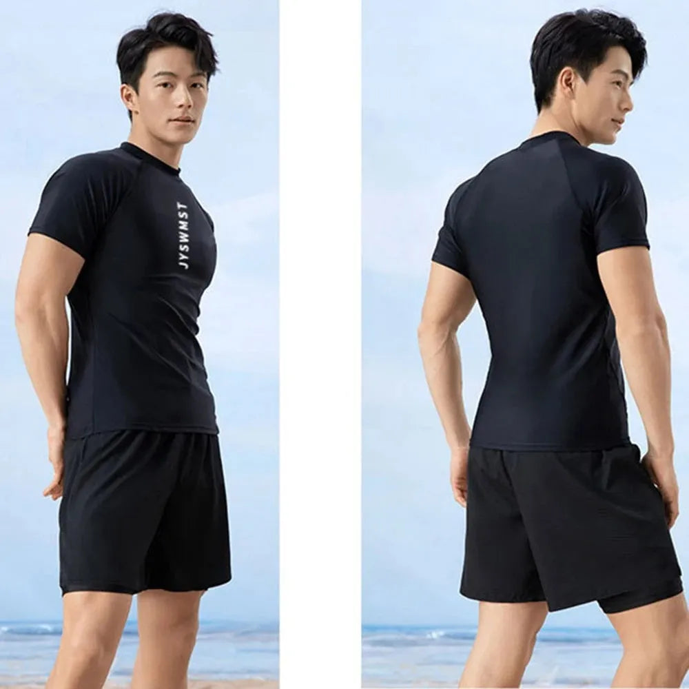 Men's two-piece swimsuit set with matching top and trousers in plus sizes