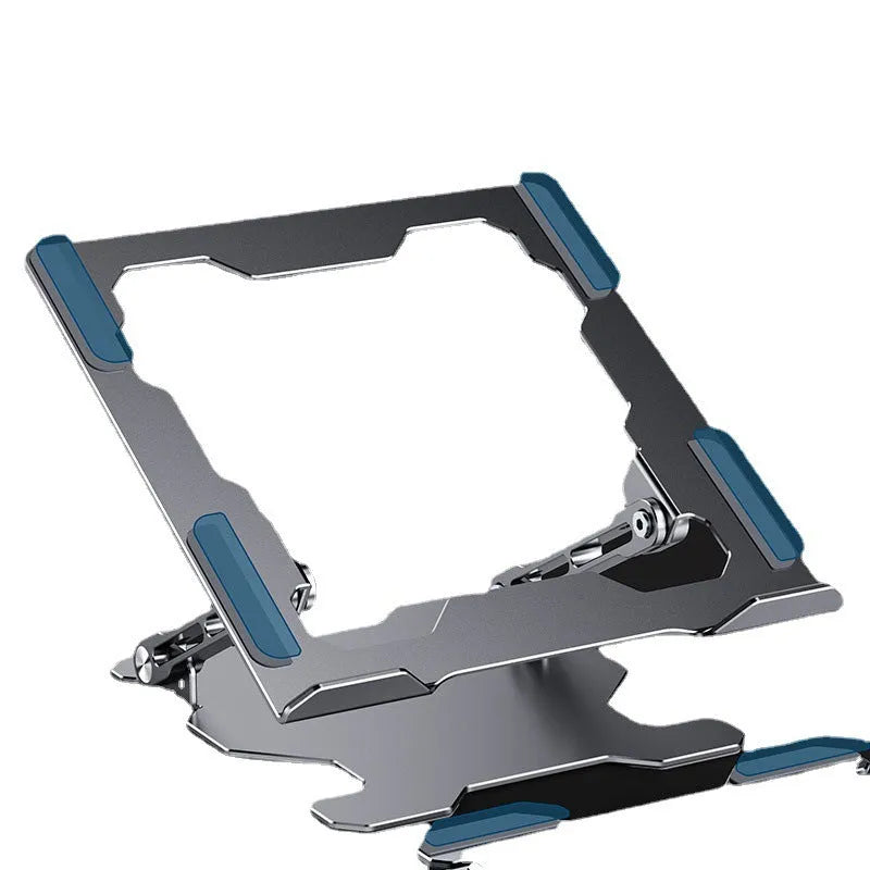 Grey adjustable aluminium laptop stand in open and folded positions on a wooden desk.