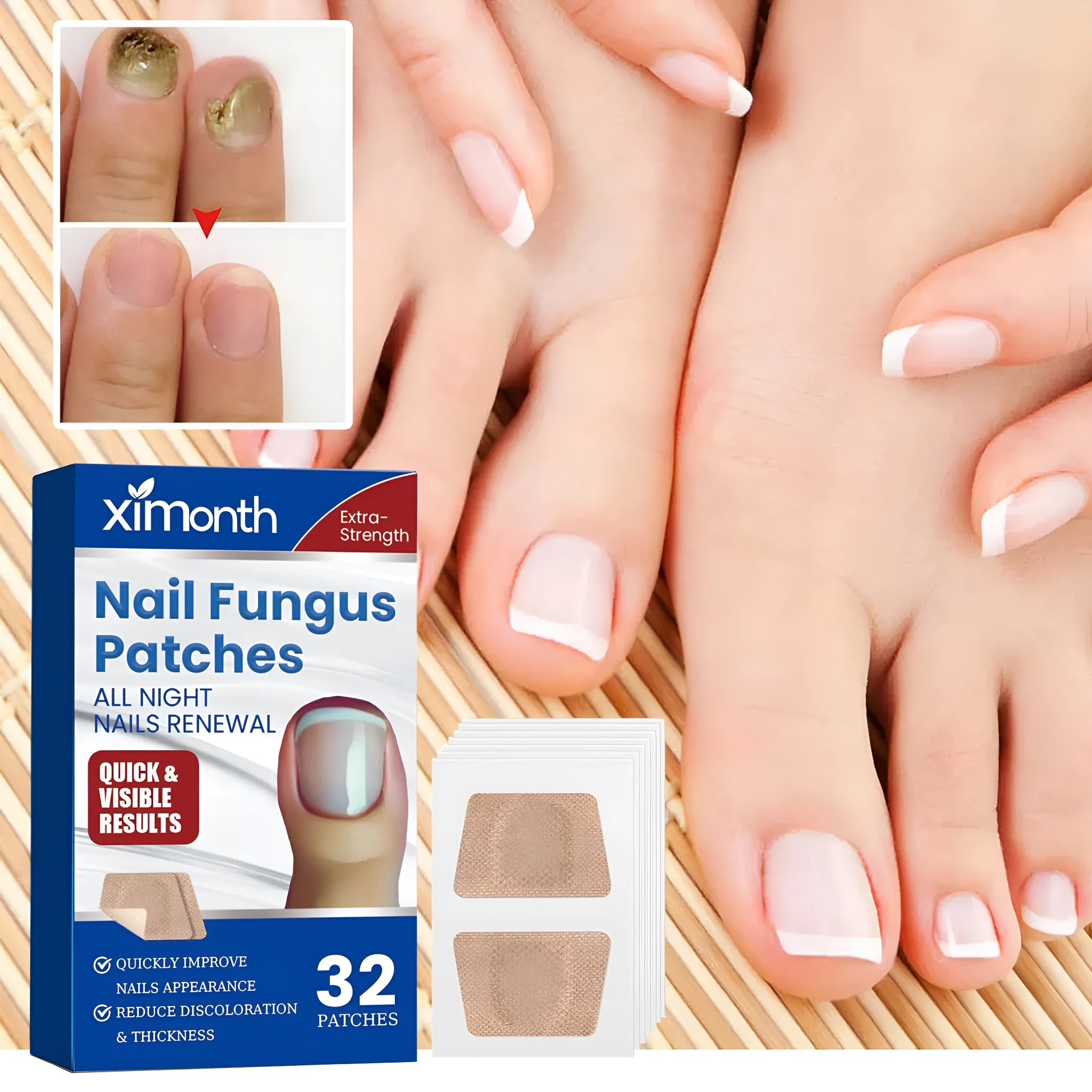 Box of 32 nail repair adhesive bandages for cuticle care, each patch 6.1 cm by 3.5 cm