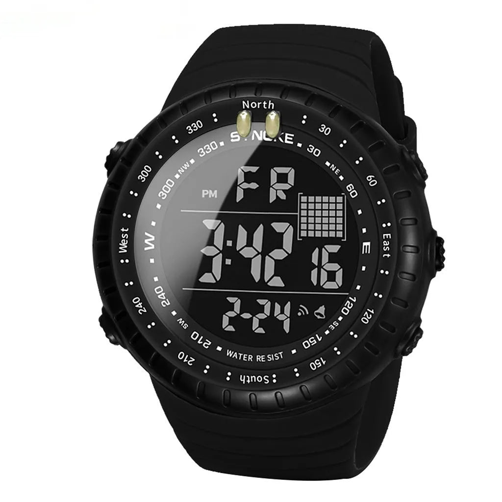 Black men's digital outdoor watch with large dial and PU strap on a wrist
