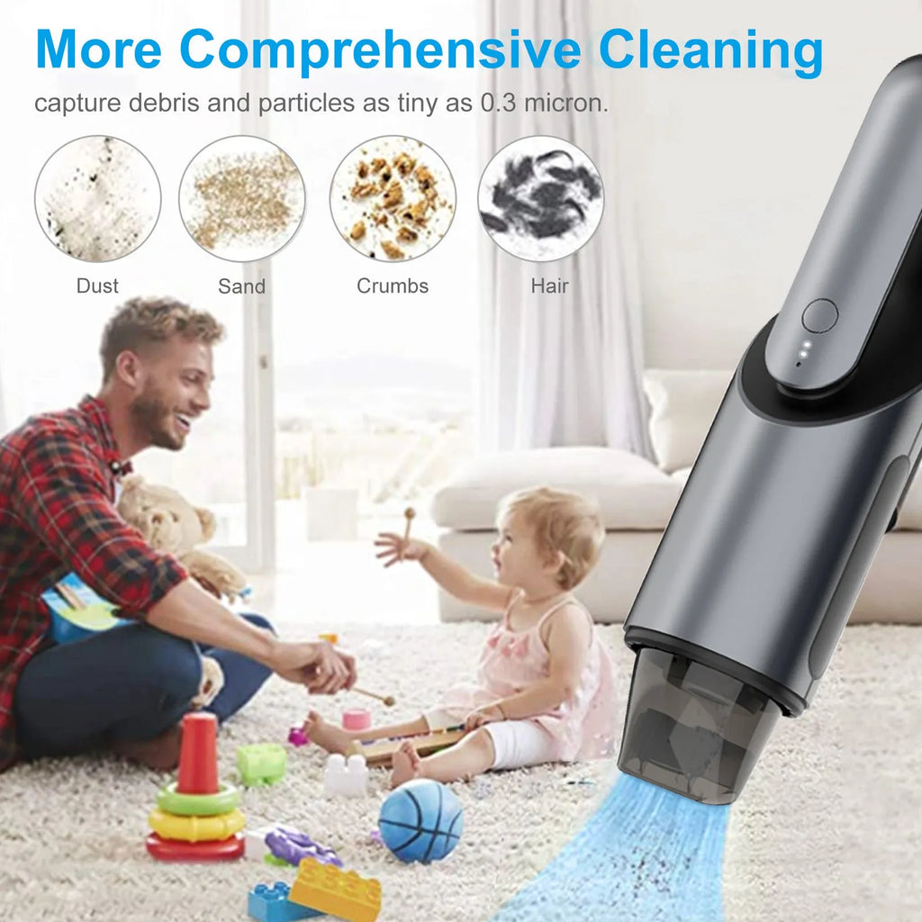 Black wireless handheld car vacuum cleaner with brush and flat attachments on vehicle seat