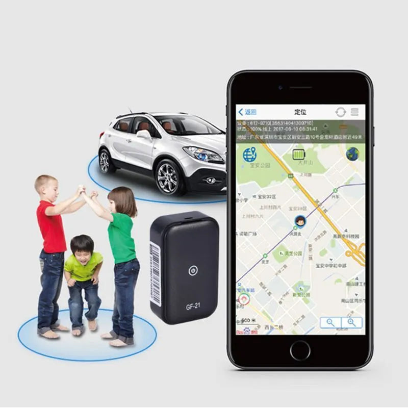 Black GF21GPS child tracker GPS locator on table showing compact plastic design