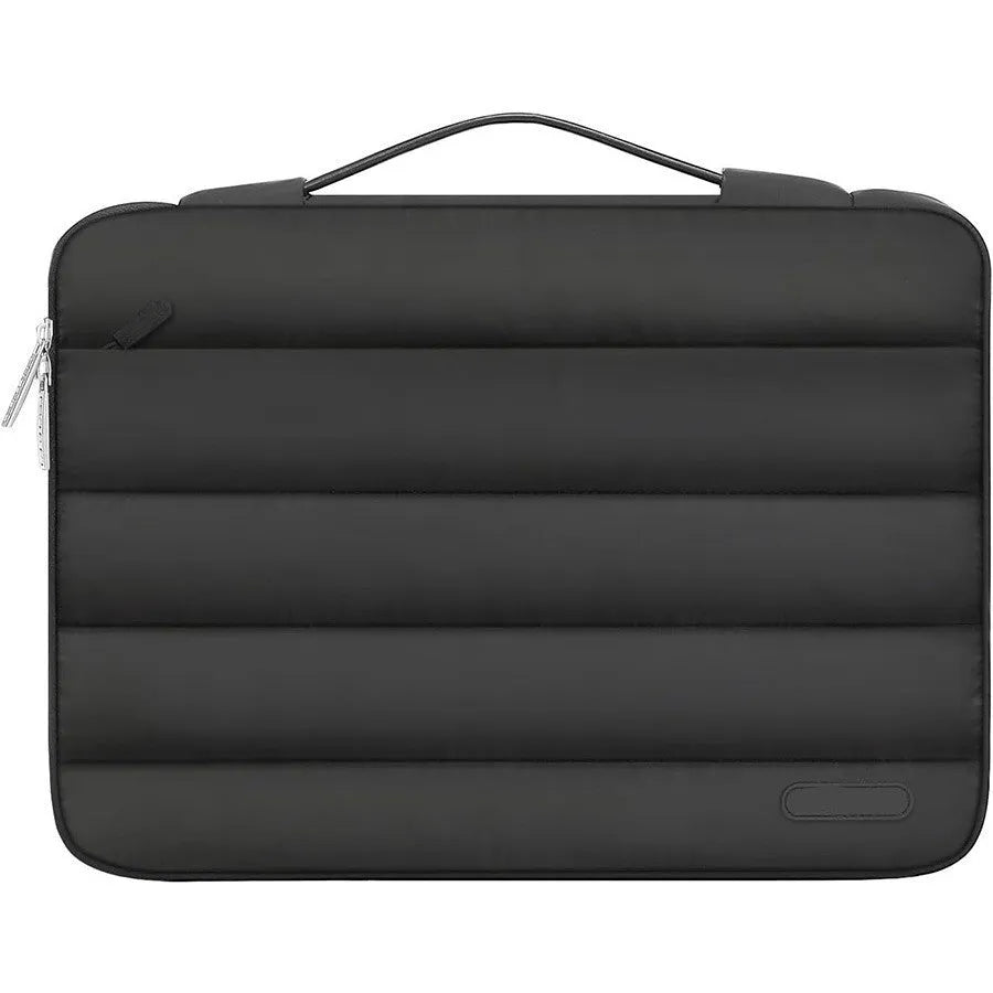 Cotton down laptop bag in sand colour with plaid detail, shown with a laptop inside.