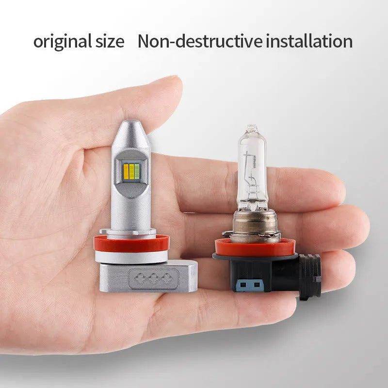 Super stable LED fog lamp bulb retrofit kit with aluminium housing and universal fit for multiple vehicle types.