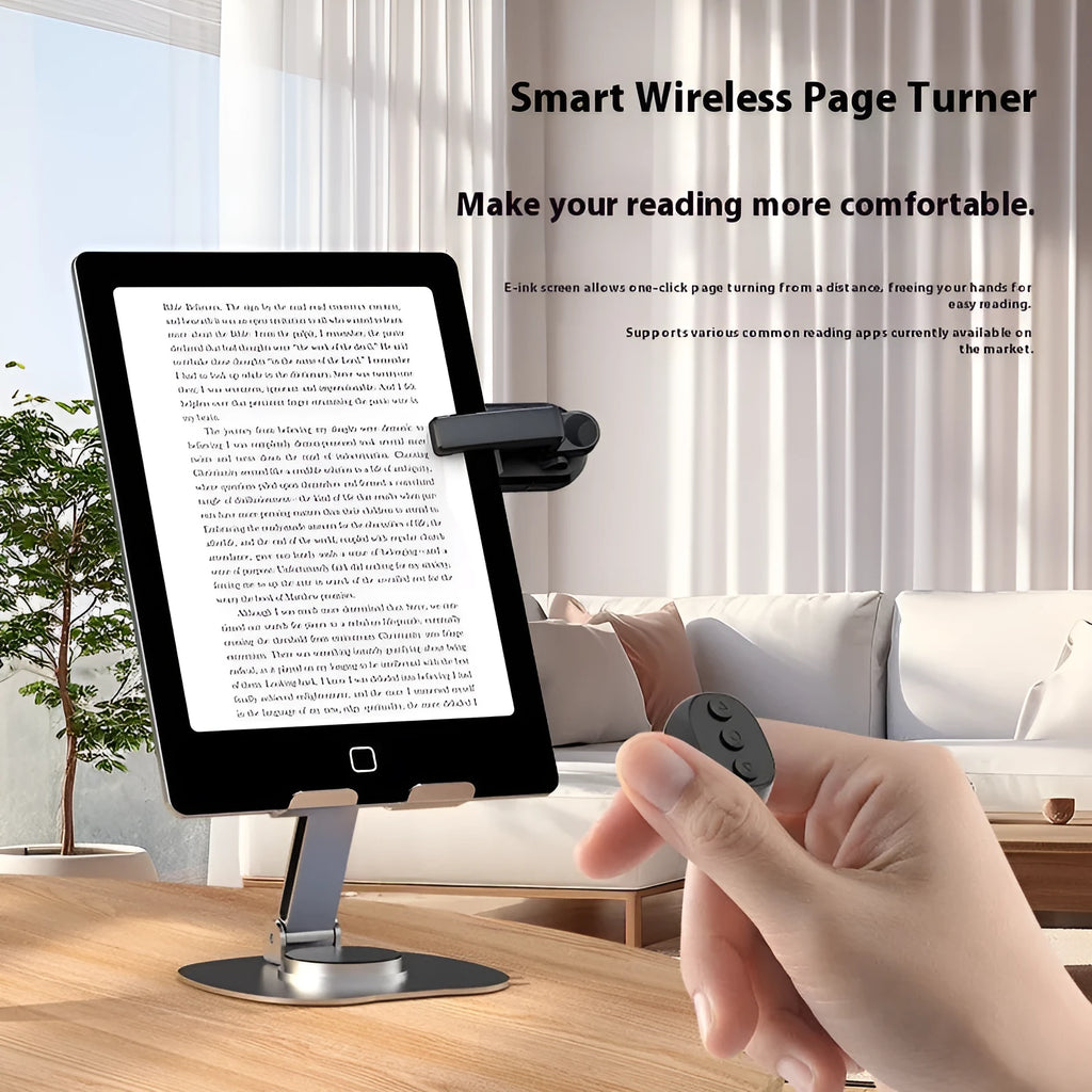 Smart wireless page turner remote control and finger clicker for e-readers in black, white, or pink.