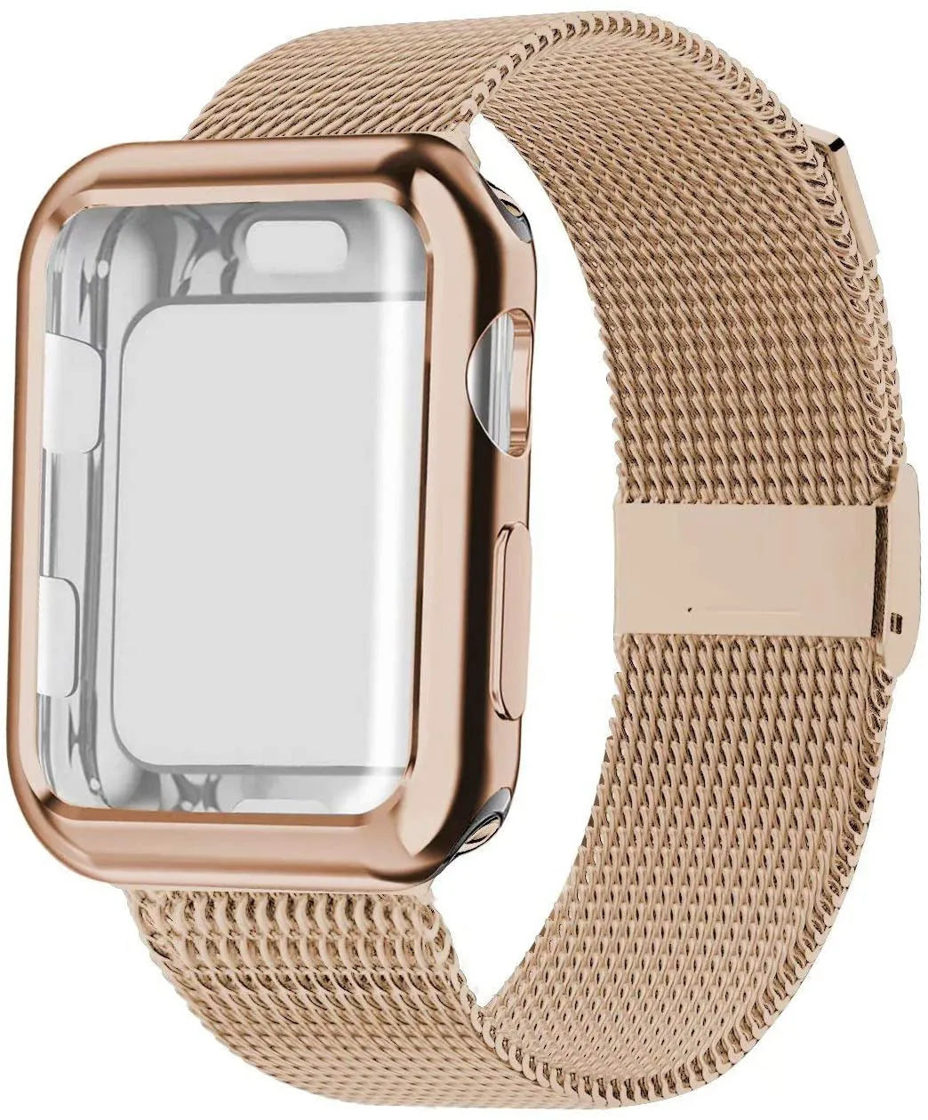 Silver magnetic Milanese loop metal band attached to an Apple Watch on a wrist.