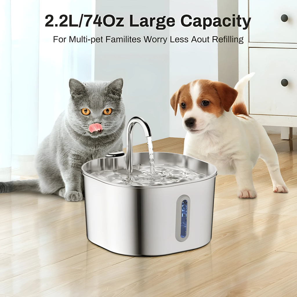 Stainless steel 2.2L automatic pet water dispenser with faucet bar window for dogs and cats