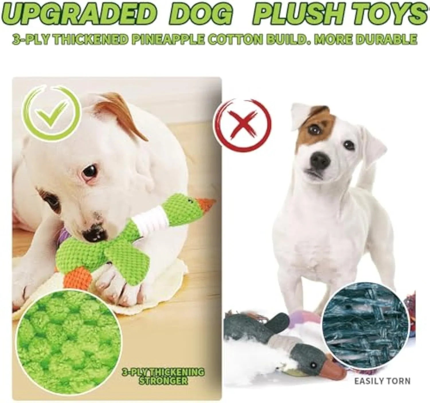 Blue, green, or grey plush duck dog toy with two squeakers for large dogs.