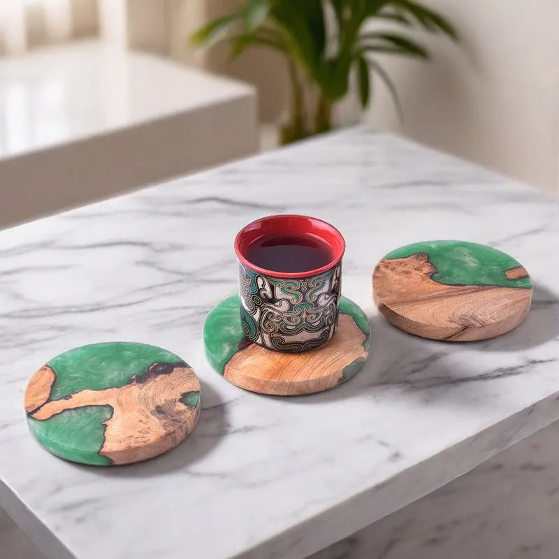 Nordic style wooden coaster in solid colour on a table.
