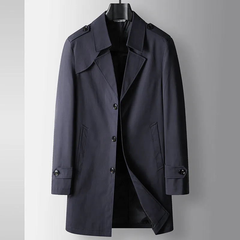 Mid-length lapel single breasted trench coat for men in khaki, chemical fibre blend, regular fit