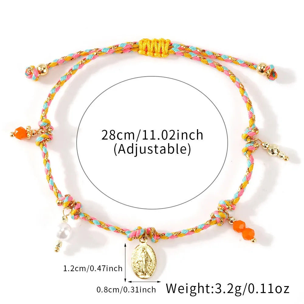 Colourful hand-woven braided rope bracelet with an ethnic style strap tag for women.