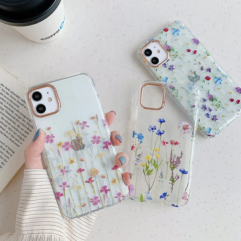TPU fresh flowers phone case for iPhone with fall protection in pink flower colour