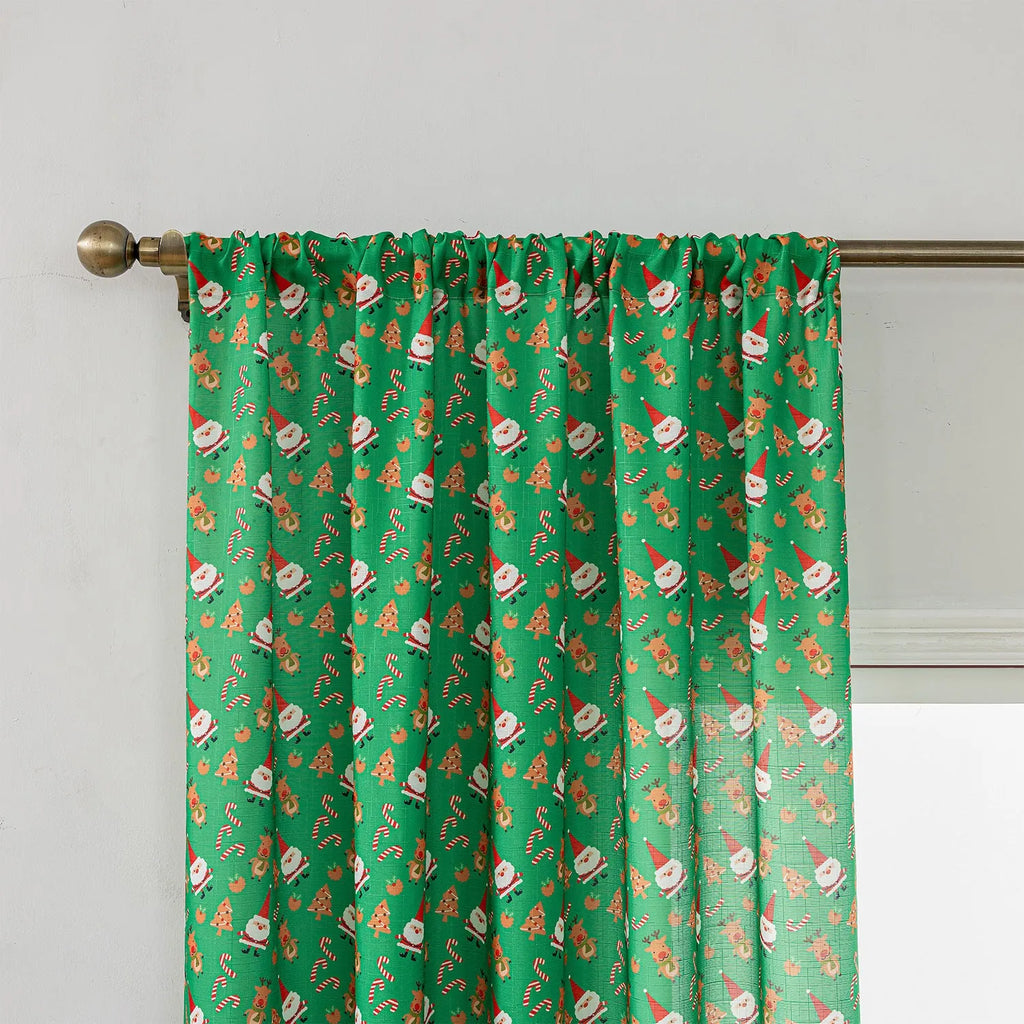 Red American-style cloth curtain with printed cartoon angels and snowmen, one metre wide.