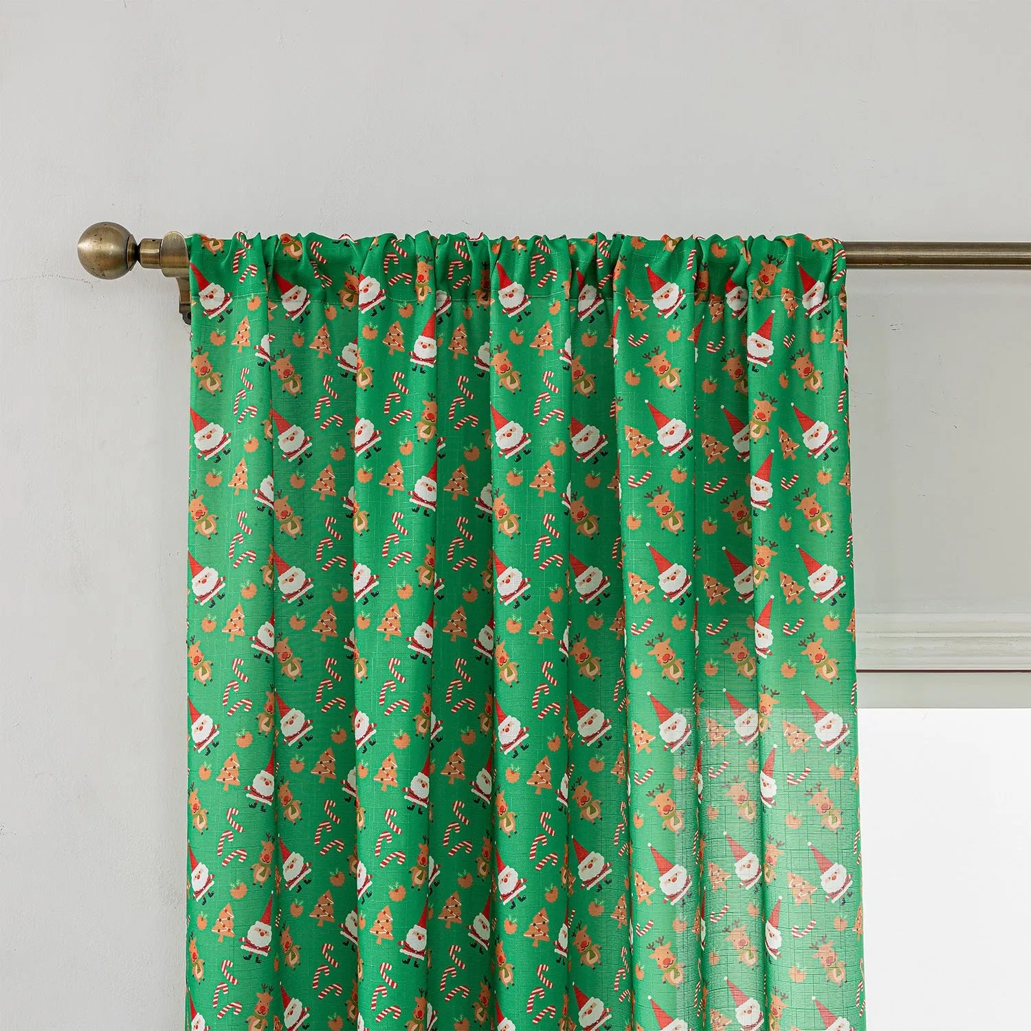 Red American-style cloth curtain with printed cartoon angels and snowmen, one metre wide.
