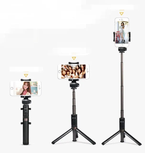 Black Bluetooth selfie stick with tripod bracket extended, holding smartphone