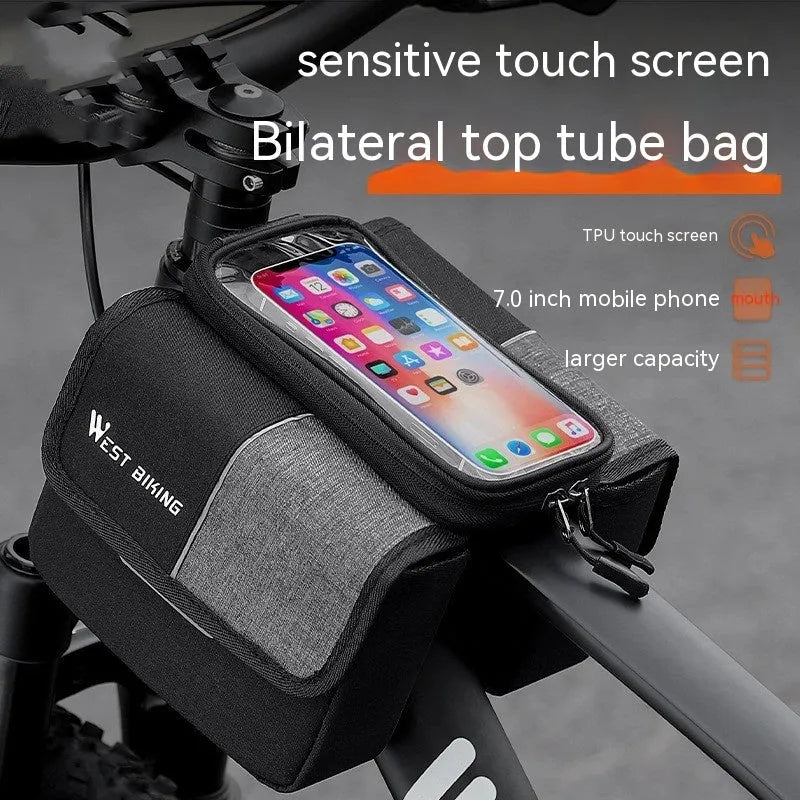 Black and grey bicycle handlebar saddle bag with bilateral tube design and adjustable straps