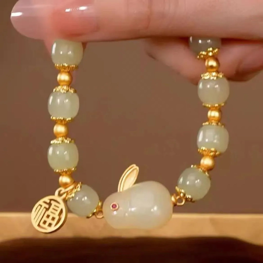 Green Lucky Bracelet for women with Jade Hare charm and Black cord