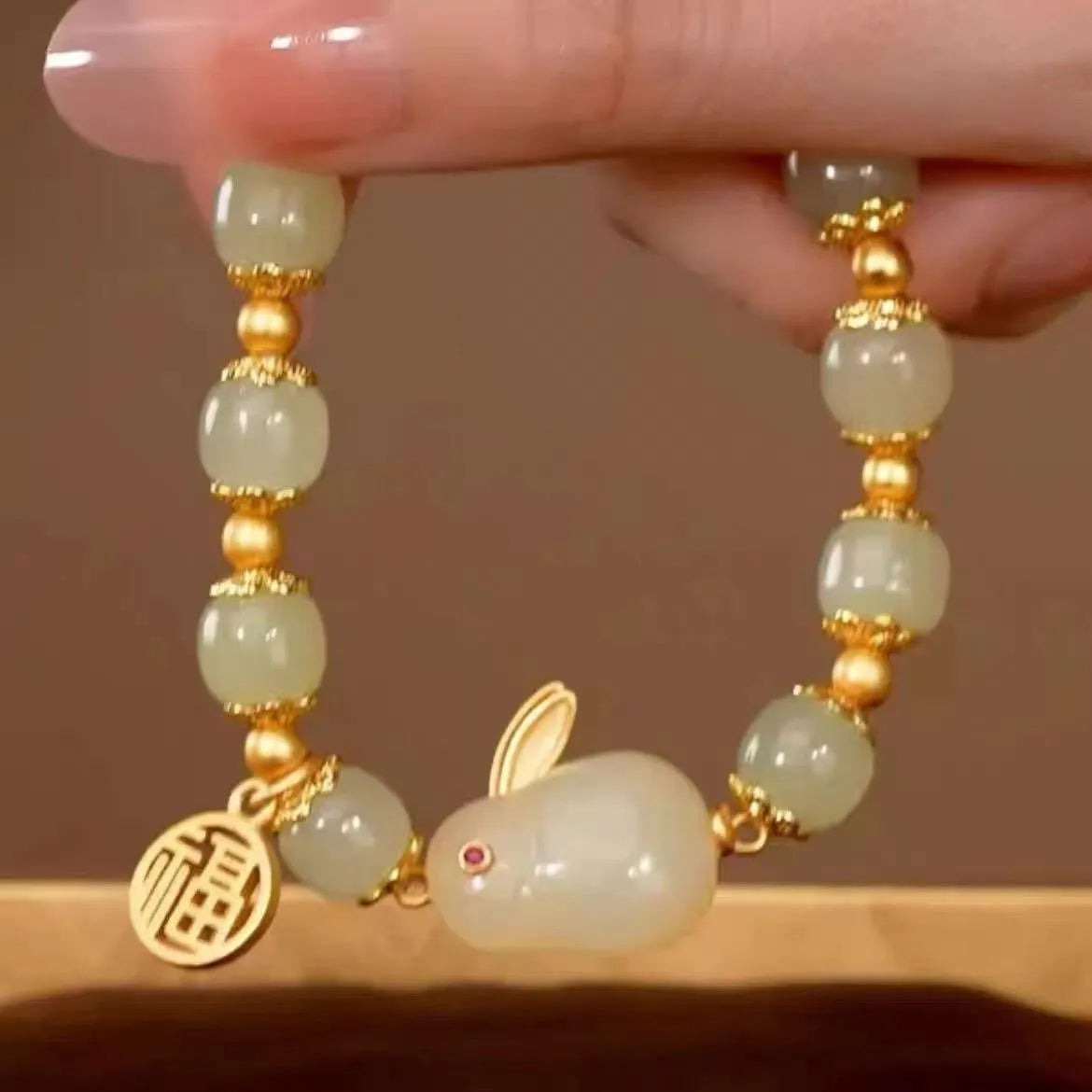 Green Lucky Bracelet for women with Jade Hare charm and Black cord