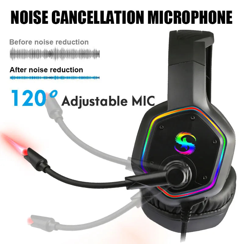 Black gaming headset with 3D surround sound, noise cancelling microphone, 50mm driver, and colourful lights.