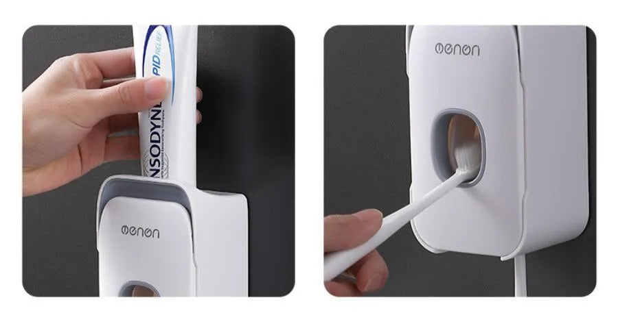 Automatic toothpaste dispenser wall mounted unit in blue, grey or pink colours with no-drip nozzle