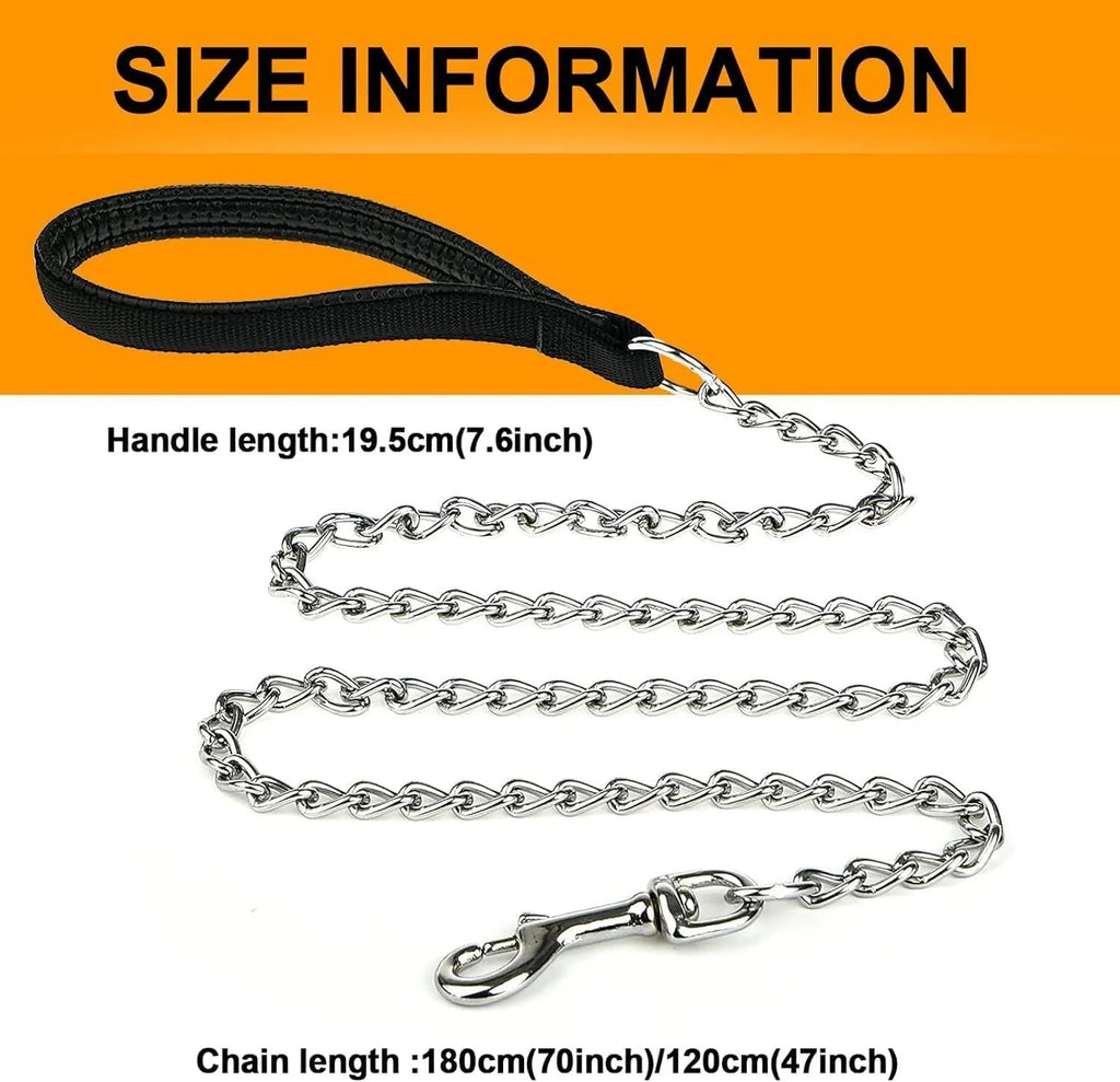 Black heavy duty metal dog chain leash with a soft blue padded handle, shown at full 120cm length.