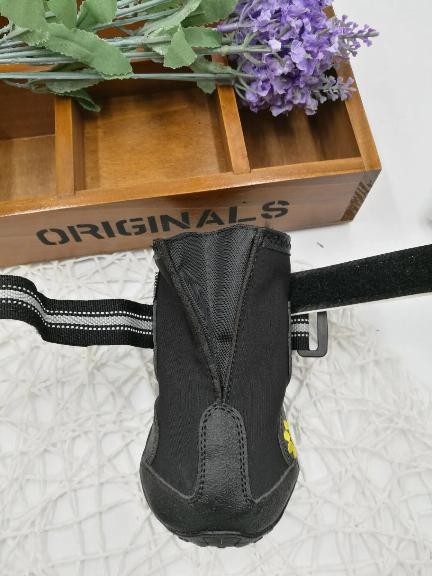 Black waterproof dog shoes with non-slip PVC sole, adjustable fuzzy belt