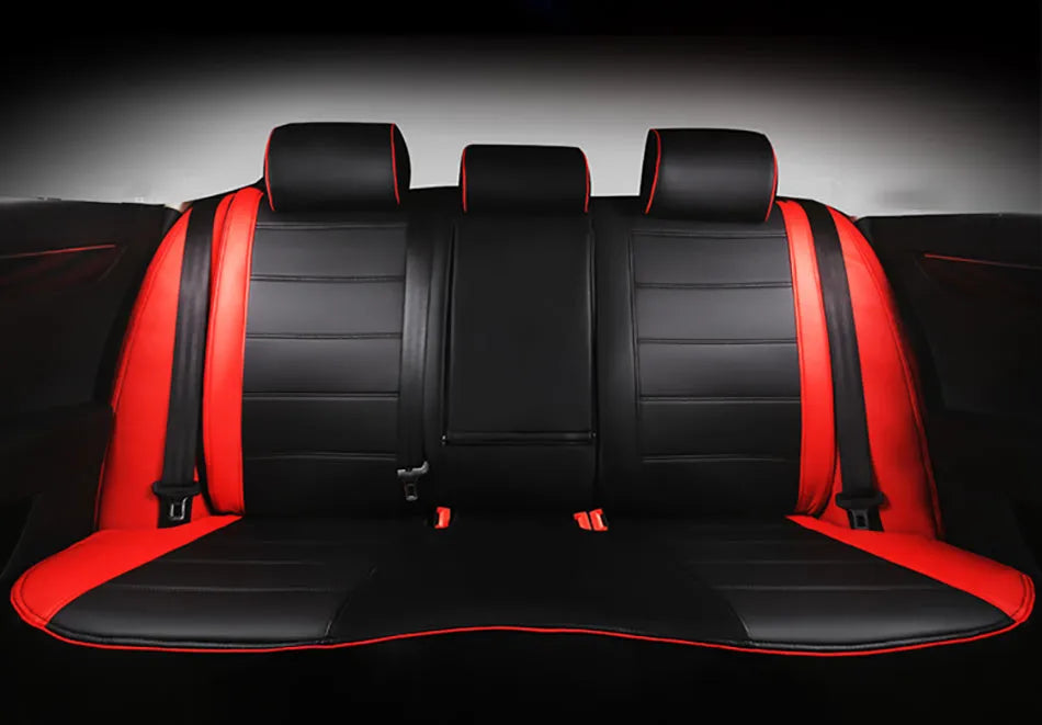 Universal fit leather car seat cover in binding style, shown in beige, black with red line, and black with red colour options.