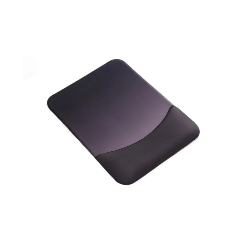 Square black silica gel wrist rest mouse pad with cloth surface on a desk.