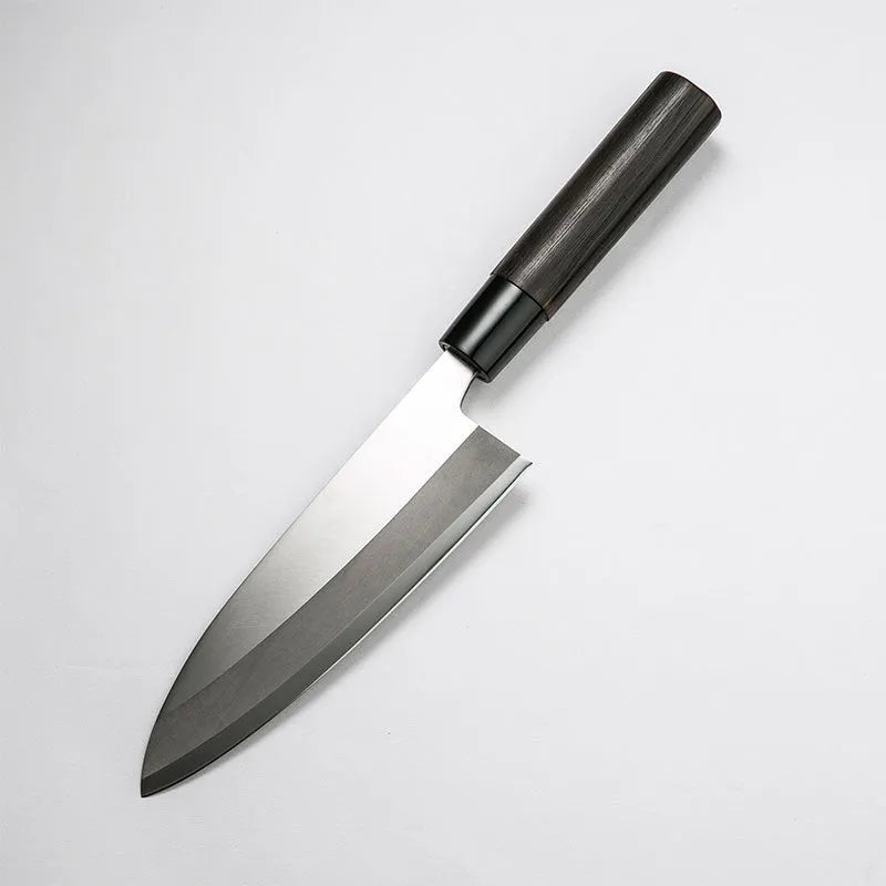 Multi-purpose kitchen knife with V silver steel blade, chestnut handle, 193mm blade length, and 62° point.