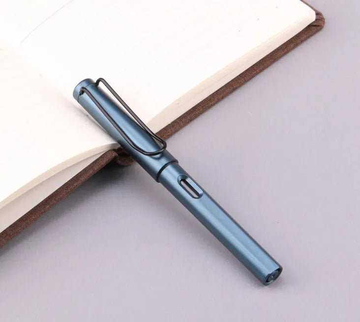 Frosted ink bag fountain pen showing black or blue ink options with choice of nib sizes