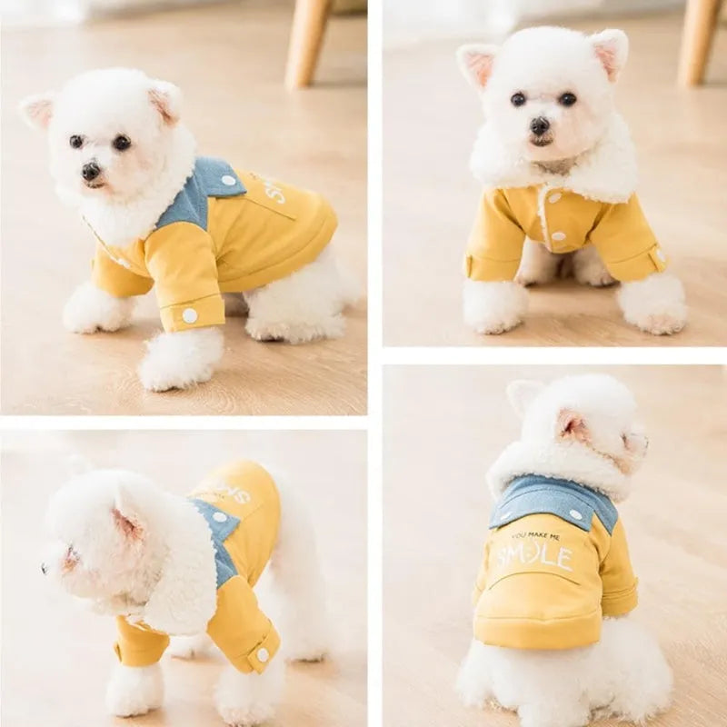 Yellow denim patchwork puppy coat with Sherpa fleece lining, waterproof and windproof, for small and medium dogs