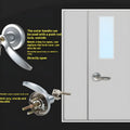Stainless steel fireproof door push lock with an external handle on a door.